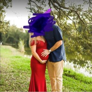 Maternity red dress, long, off the shoulders